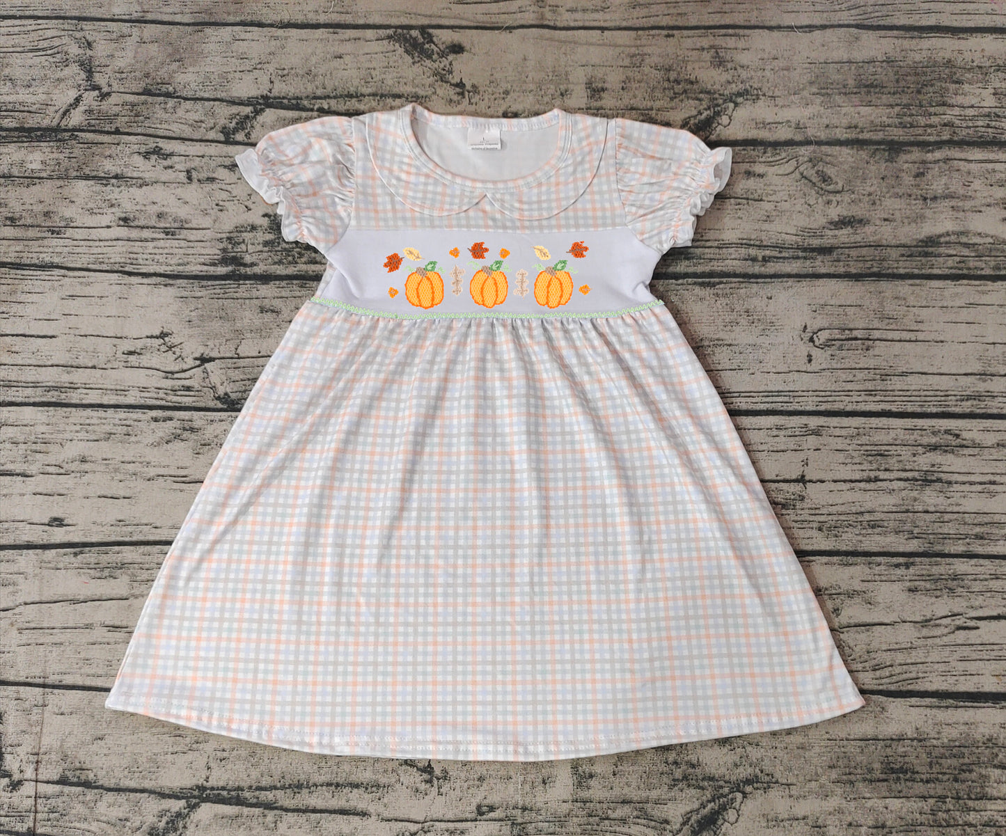 Embroidery Three pumpkins plaid short sleeve dress preorder