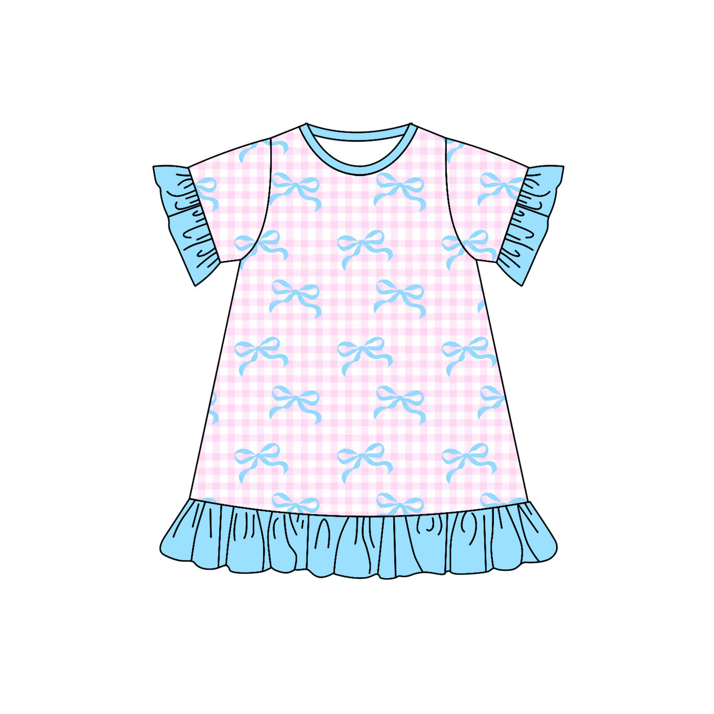 Toddle baby girls blue bow pink plaid short sleeve dress preorder