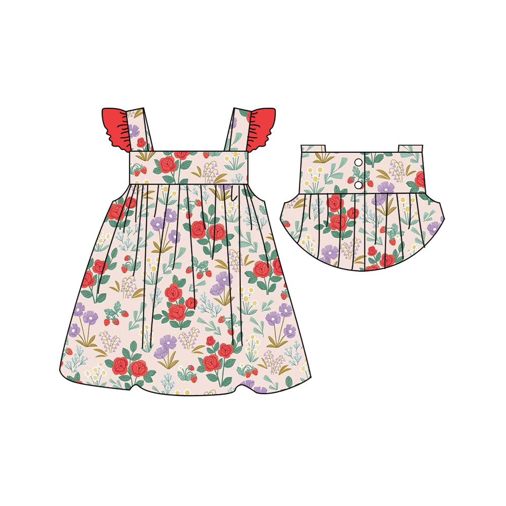 Red purple flower print baby girls boutique dress preorder