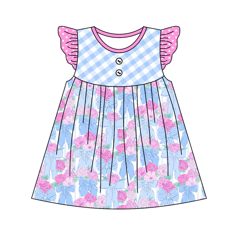 Blue bow pink flower baby girls dress preorder