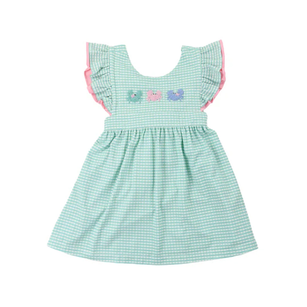 Baby boy green plaid crab design summer dress preorder