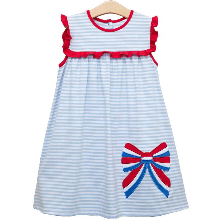 Toddle baby girl red blue bow July 4th summer dress preorder