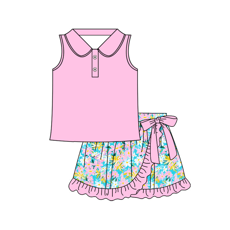 Pink tank top floral skirts girls summer outfit preorder