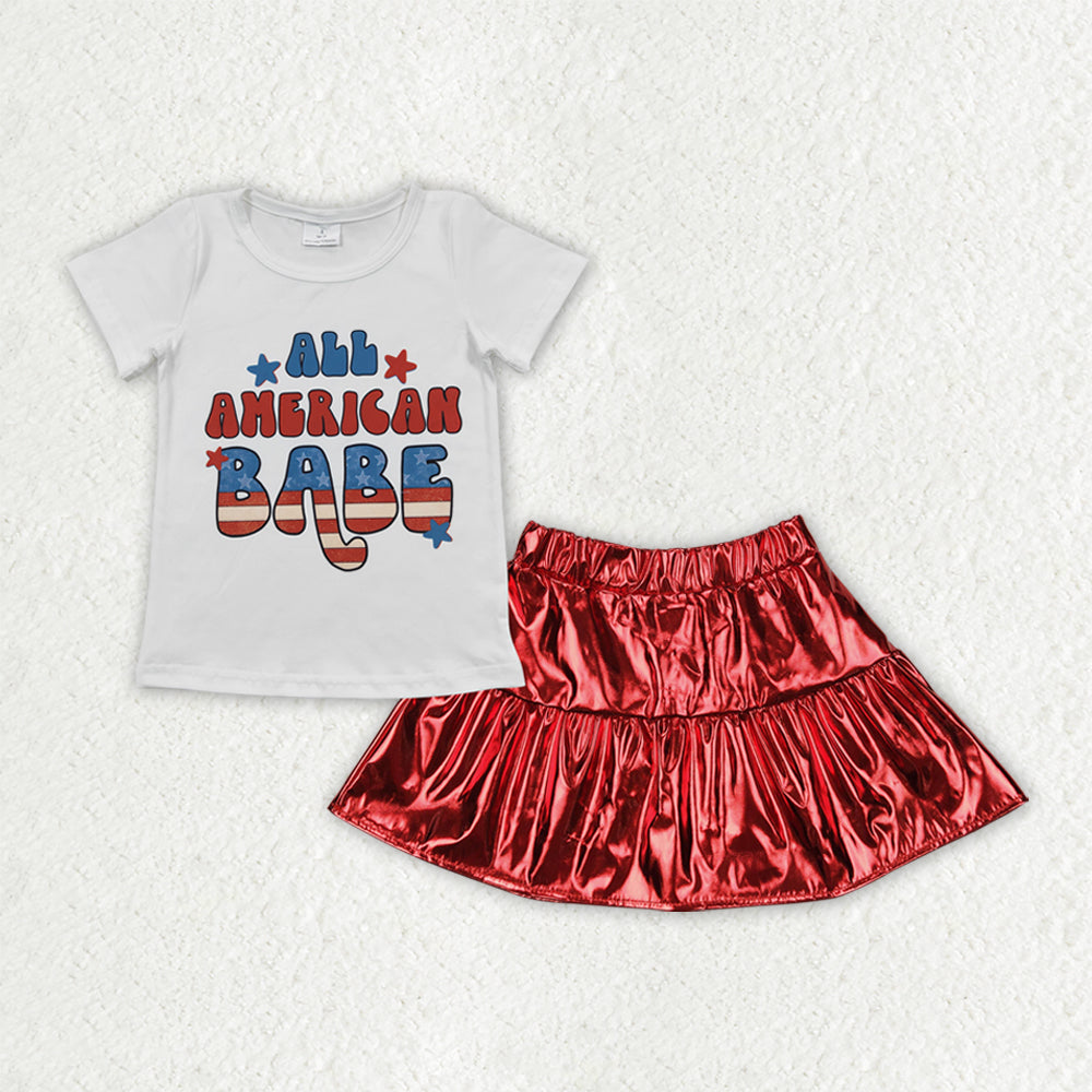 July 4th shirt red pu skirts girl summer outfit