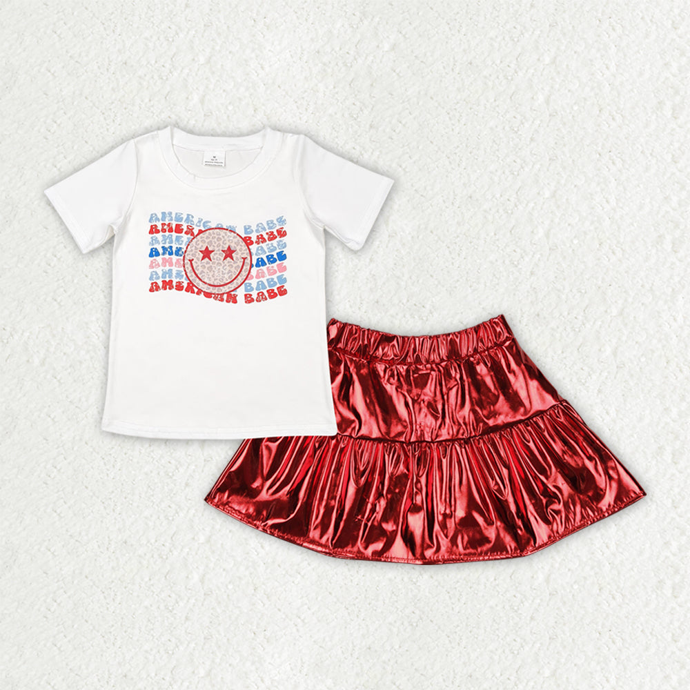 July 4th smile face shirt red pu skirts girl summer outfit