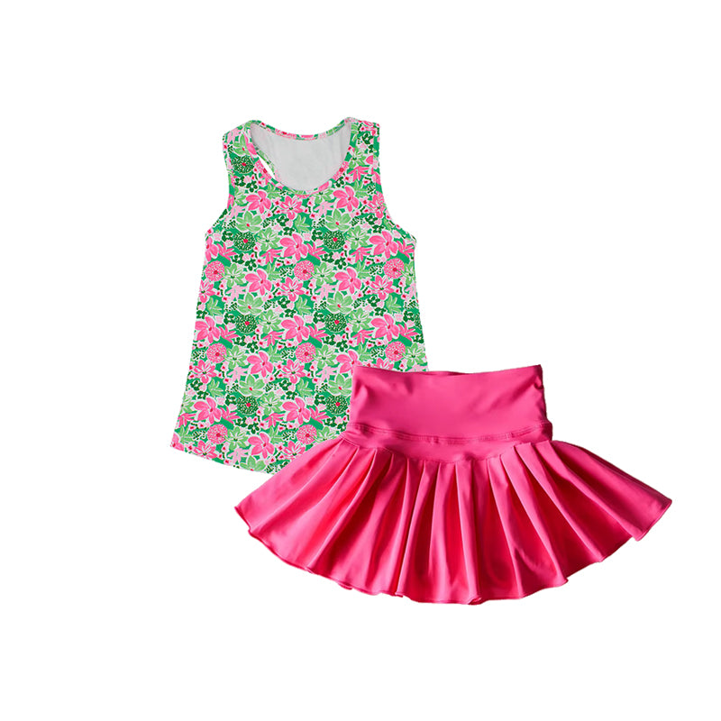 Baby girls green pink flower active wear athletic summer yoga skirt outfit preorder