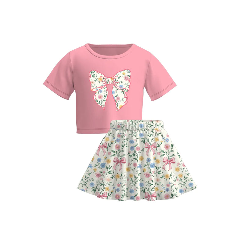 Pink bow floral shirt matching skirt baby girl summer outfit preorder