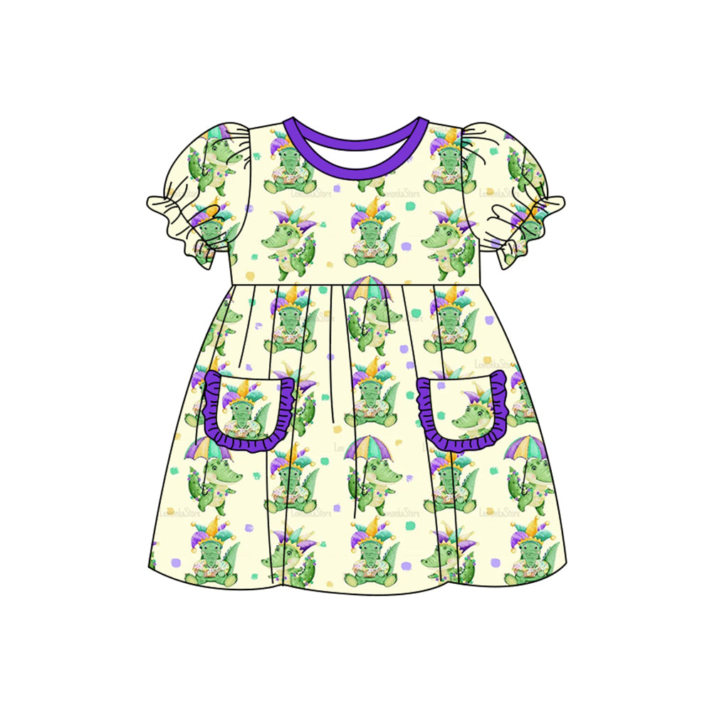 Mardi Gras dinosaur girls short sleeve dress preorder