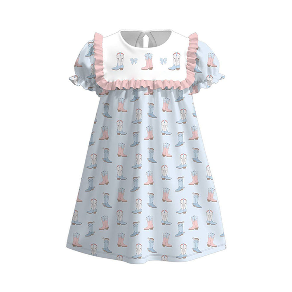 Western boots design baby girls short sleeve dress preorder