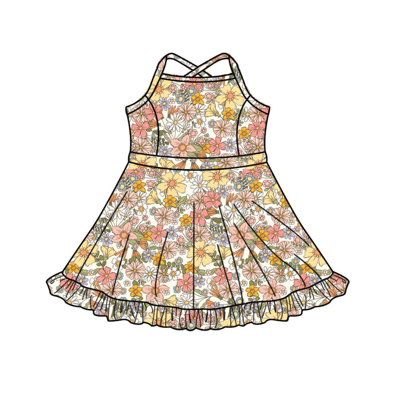 Yellow pink flowers print baby girls yoga dress preorder