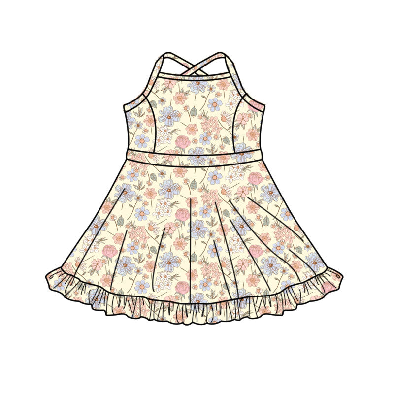 Blue pink flowers print baby girls yoga dress preorder