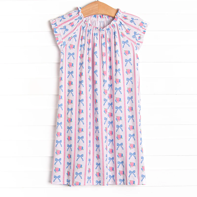 Pink flowers blue bow design girls short sleeve dress preorder
