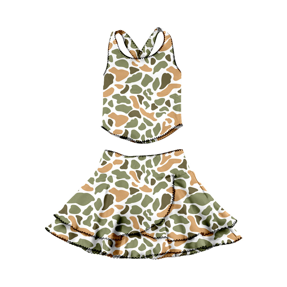 Green orange camo halter top matching skirt girls summer active wear yoga outfit preorder