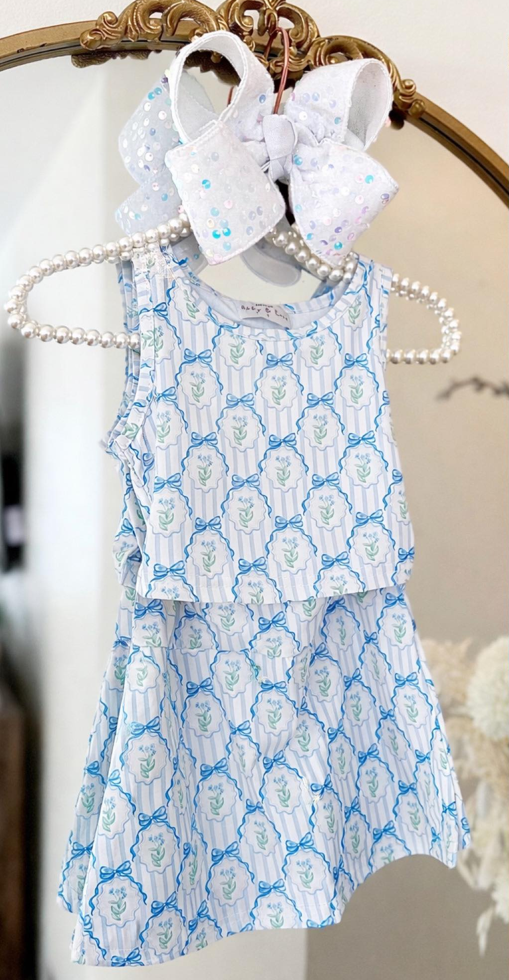 Blue bow floral design toddle girls dress preorder