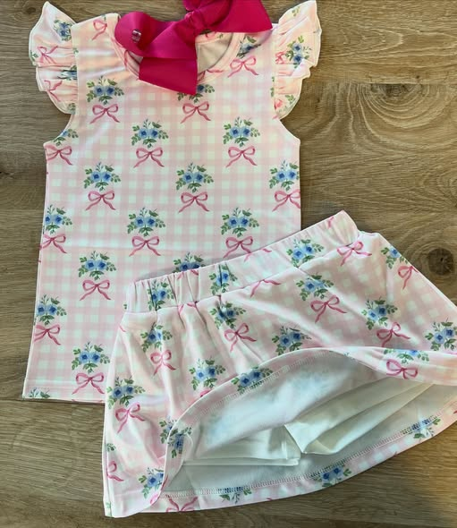 Blue flower pink bow top matching skirt girls summer set preorder