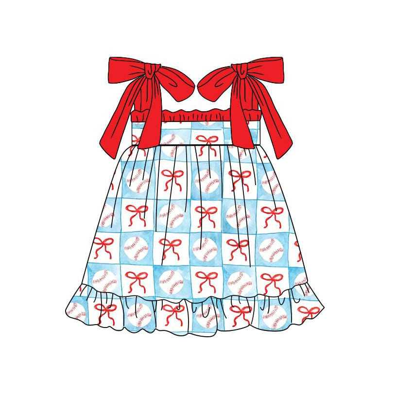Red bow baseball design girls holiday dress preorder