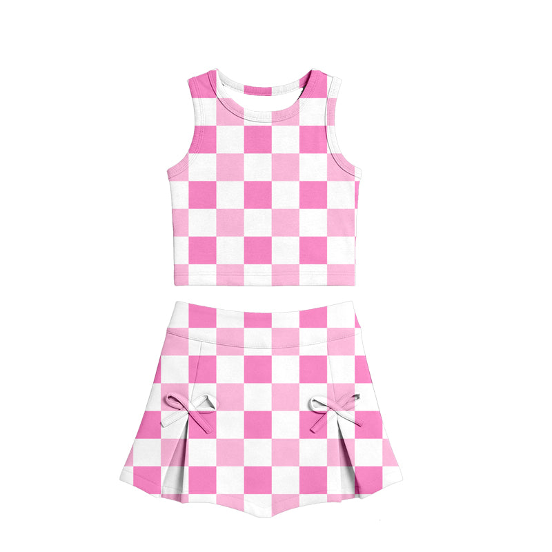 Pink checkered tank top matching shorts girls summer active yoga outfit preorder