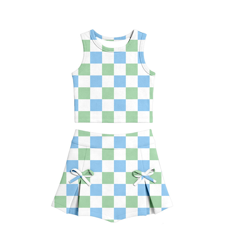 Green checkered tank top matching shorts girls summer active yoga outfit preorder