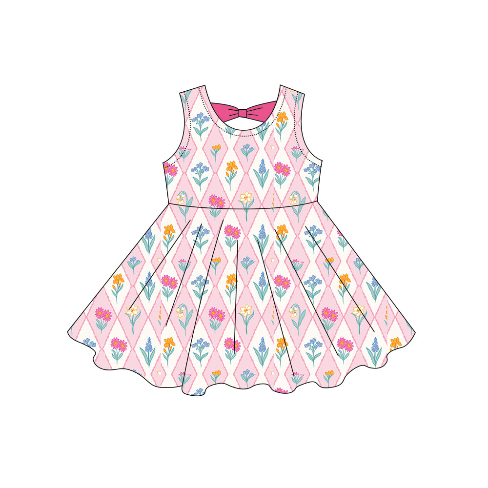 Pink yellow flowers print girls summer dress preorder