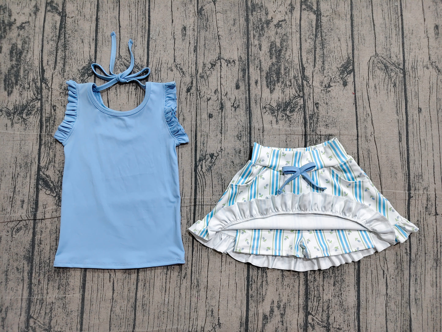 Blue tank top floral skirts girls summer yoga outfit preorder