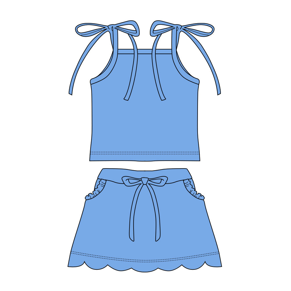 Blue solid cotton top matching shorts girls summer outfit preorder
