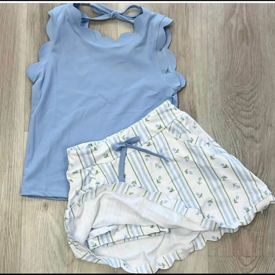 Blue yoga top matching shorts girls summer outfit preorder