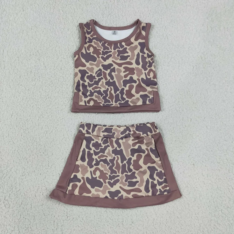 Brown green yoga top matching skorts girls summer outfit