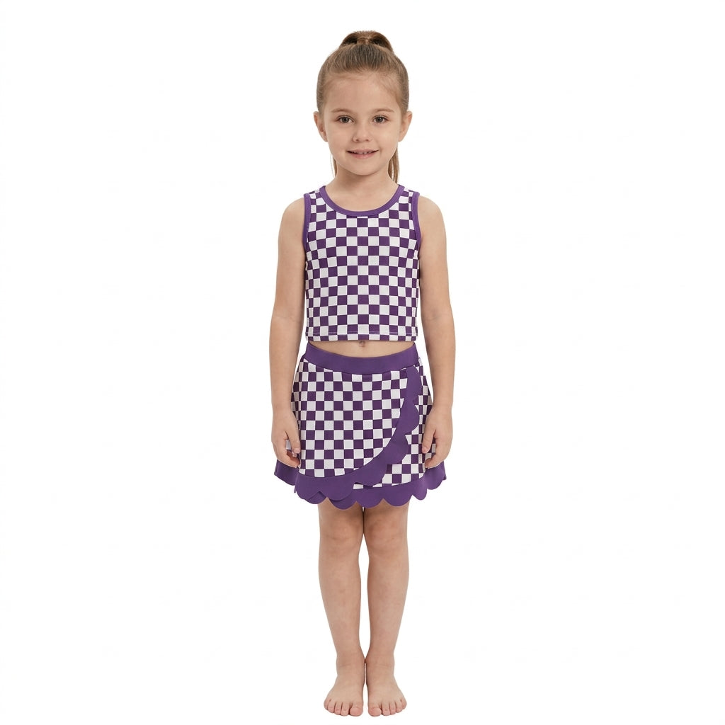 Purple plaid sleeveless yoga top matching skorts girls outfit