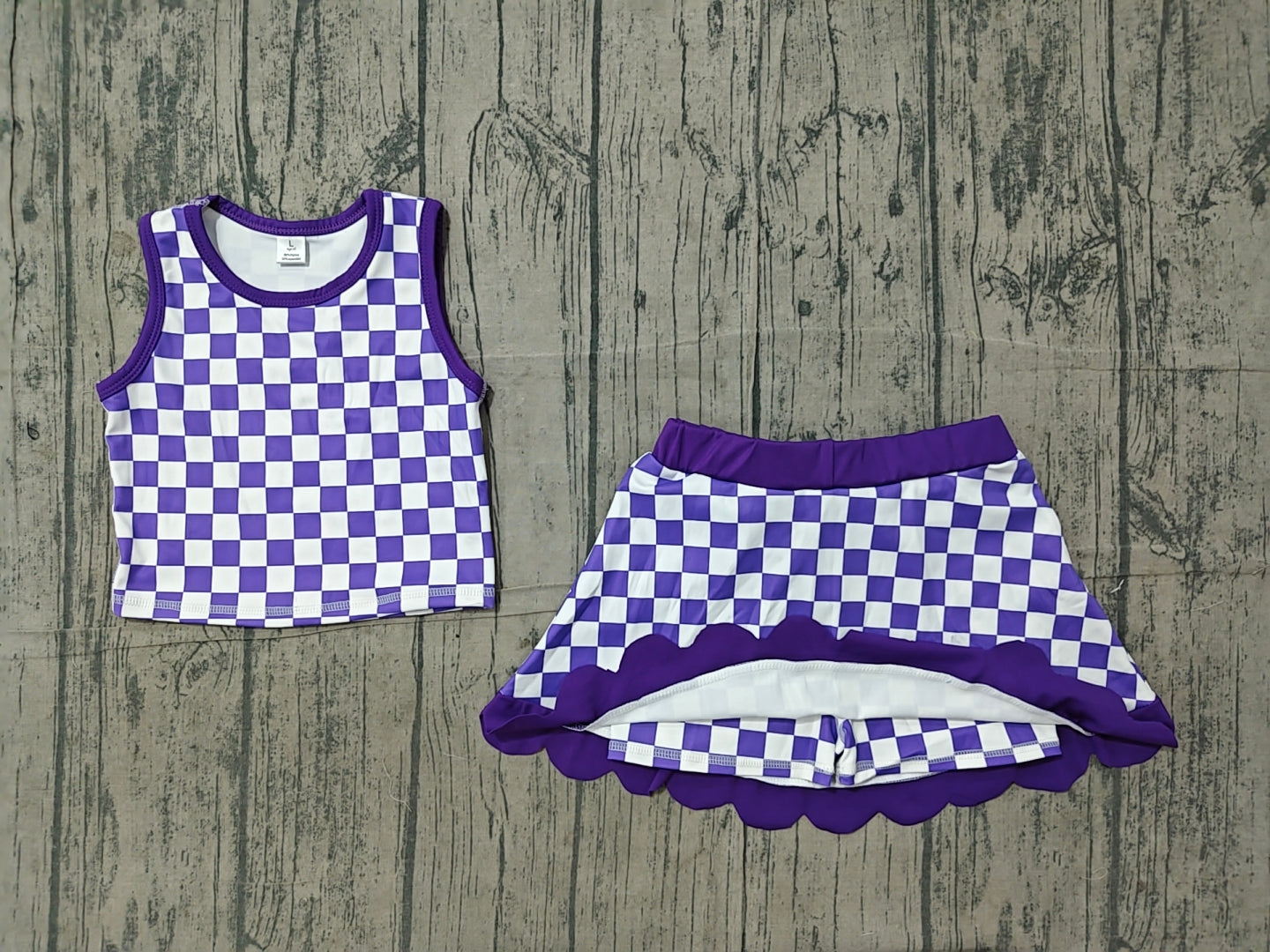 Purple plaid sleeveless yoga top matching skorts girls outfit preorder