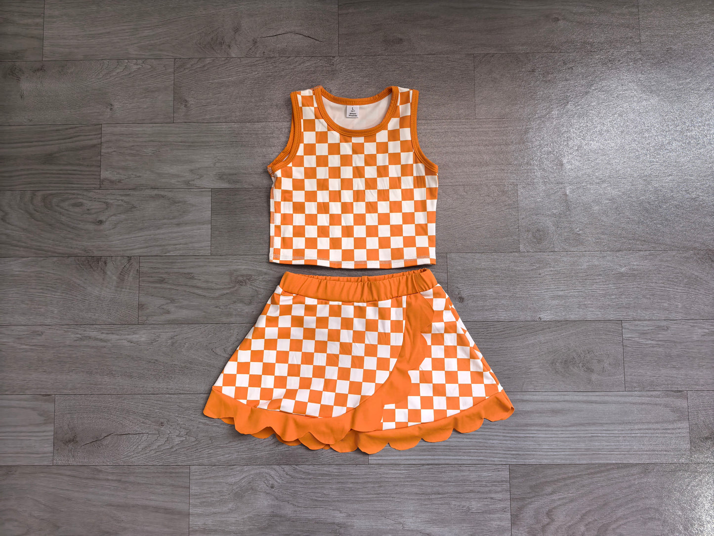 Orange plaid sleeveless yoga top matching skorts girls outfit preorder