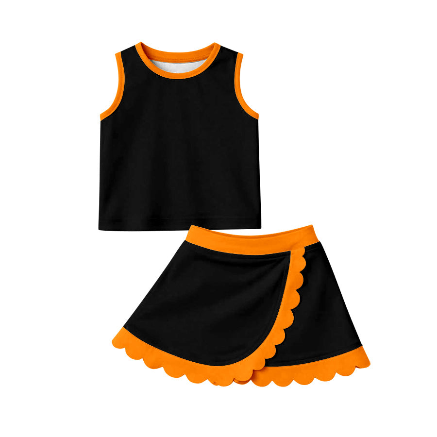 Black orange sleeveless yoga top matching skorts girls outfit preorder