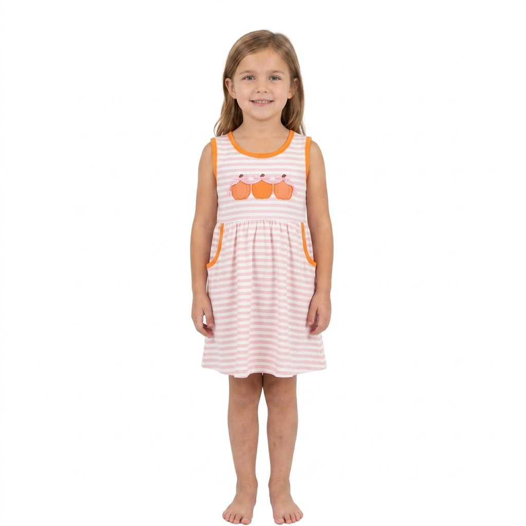 Fall pumpkins embroidery print girls sleeveless dress