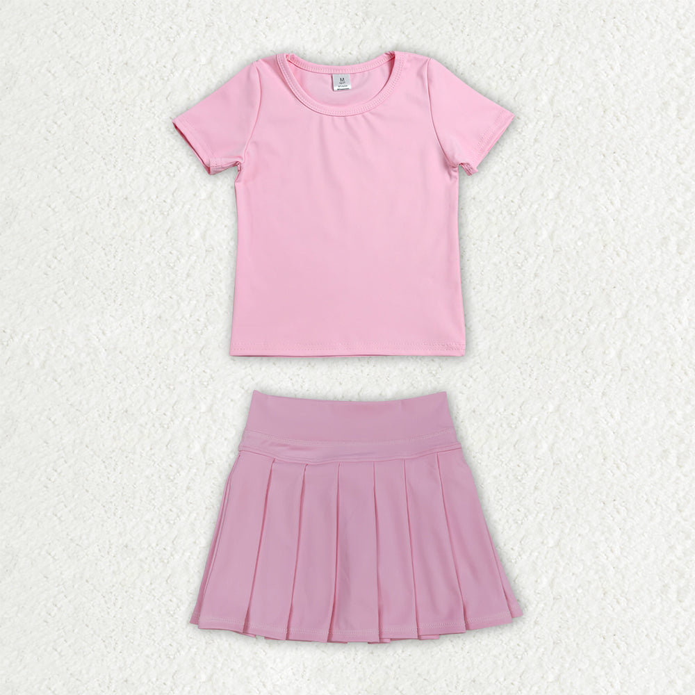 Pink color short sleeve yoga top matching skorts girls summer athletic outfit
