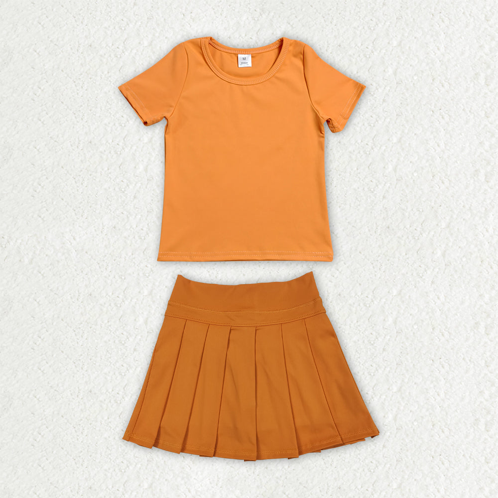 Orange color short sleeve yoga top matching skorts girls summer athletic outfit