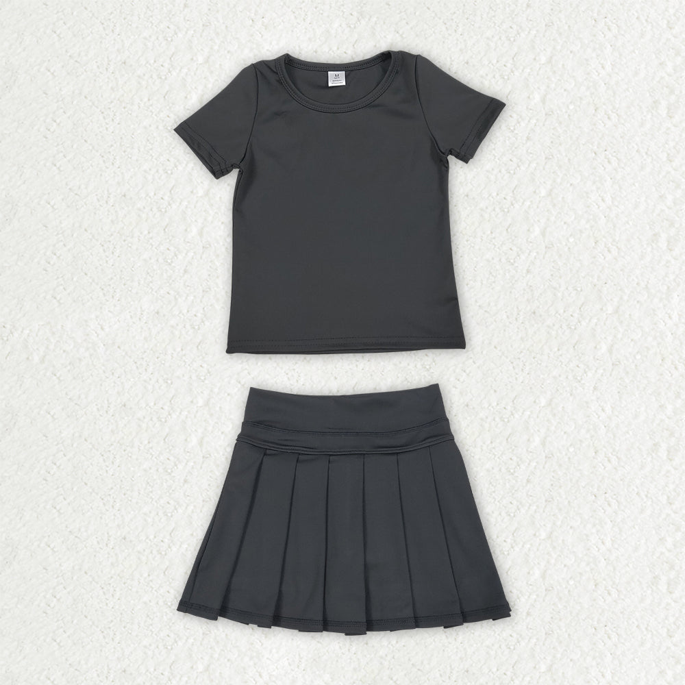 Black color short sleeve yoga top matching skorts girls summer athletic outfit