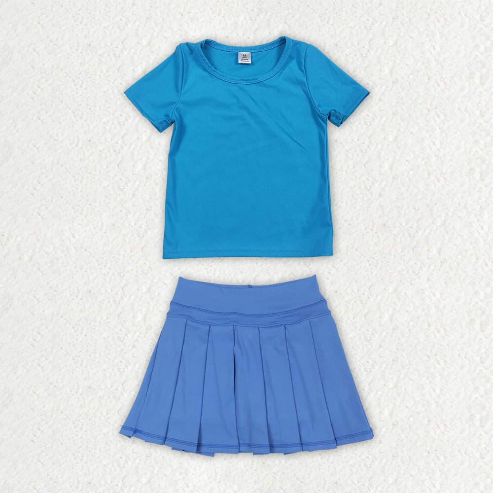 Dark blue color short sleeve yoga top matching skorts girls summer athletic outfit