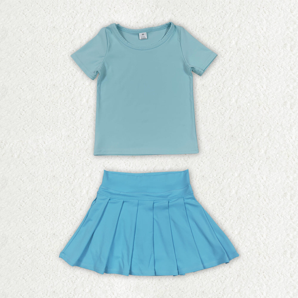 Blue color short sleeve yoga top matching skorts girls summer athletic outfit