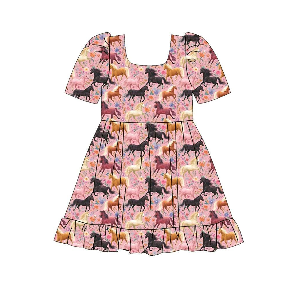 Horse print girls short sleeve fall winter dress preorder