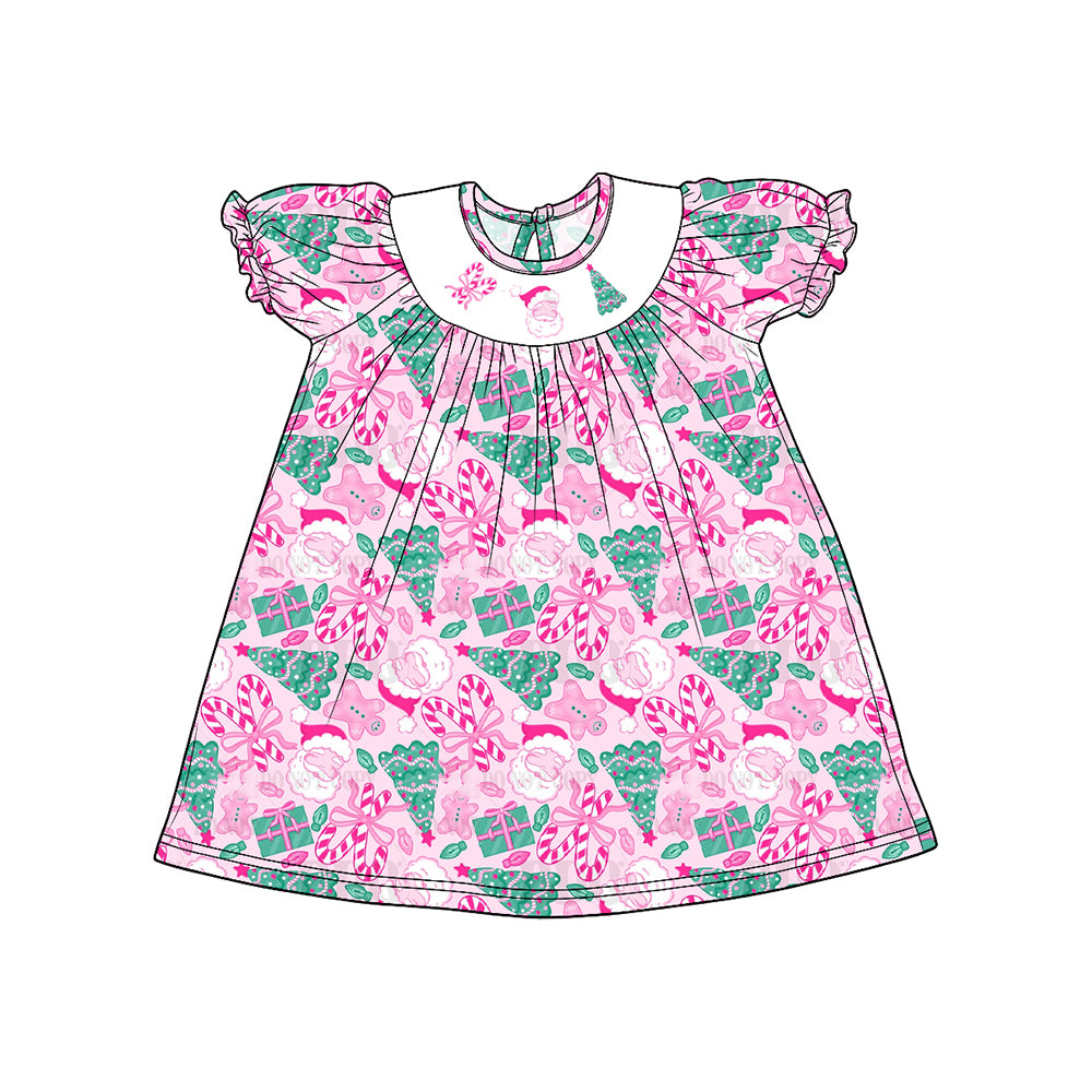 Christmas santa claus print girls short sleeve smocked dress preorder