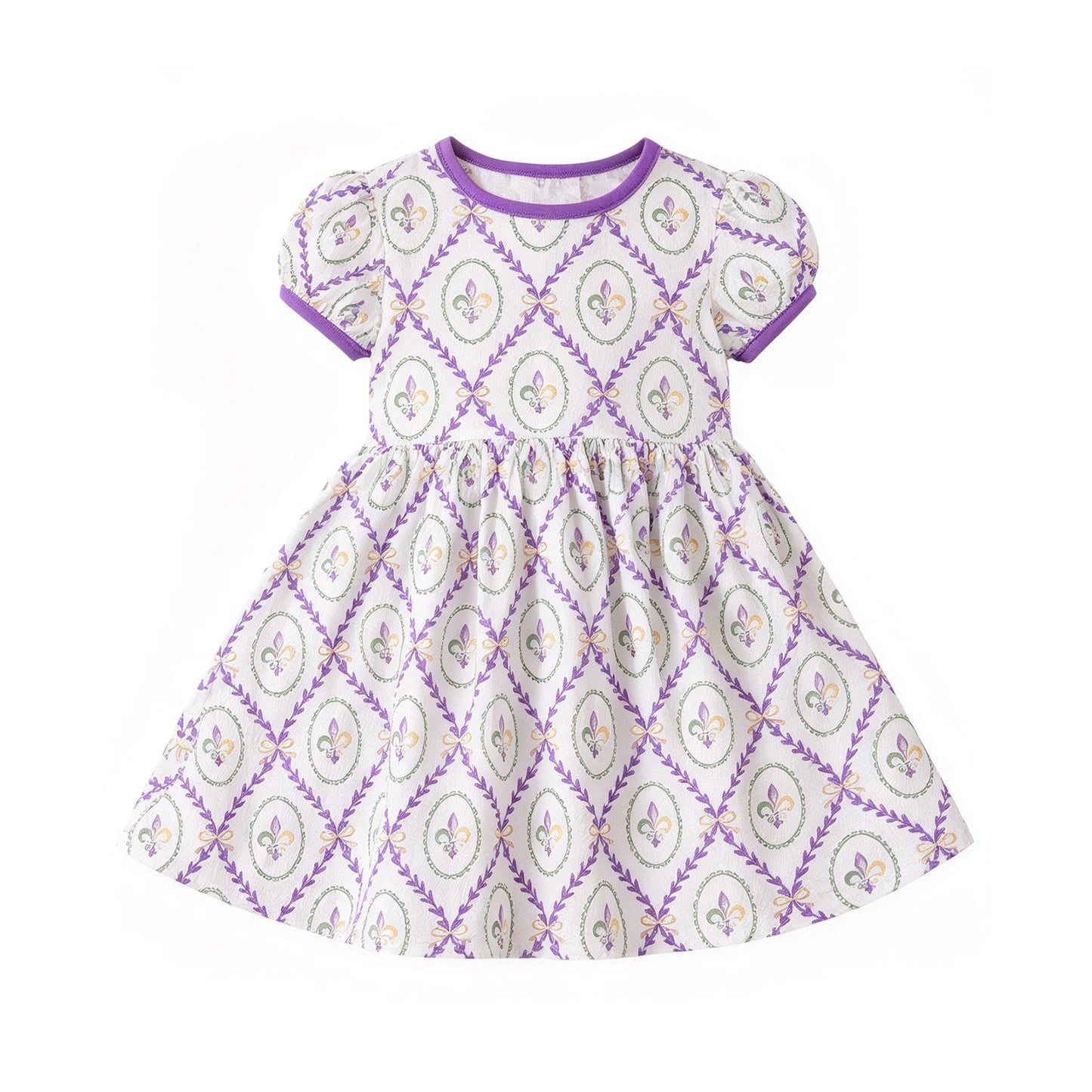 Mardi Gras print girls short sleeve dress preorder