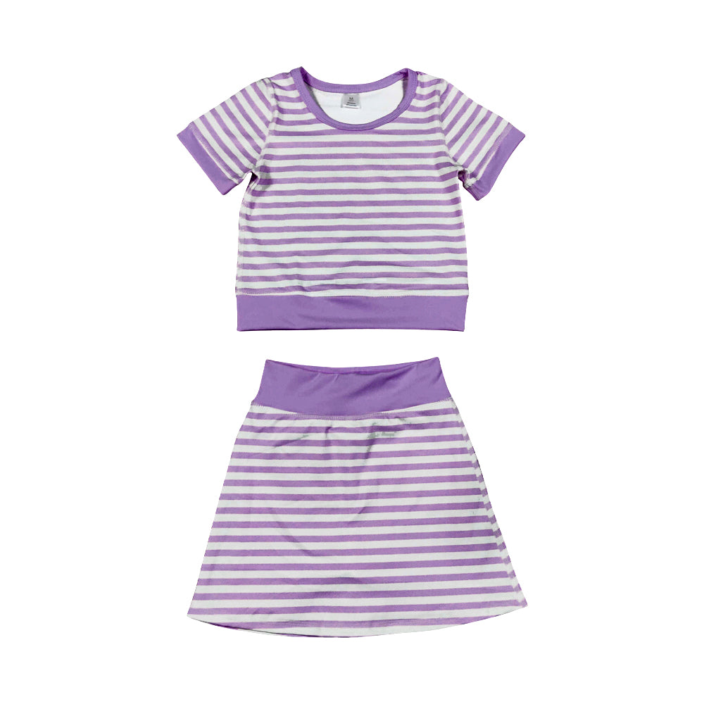 Lavender stripes print girl short sleeve yoga top skirts set outfit preorder