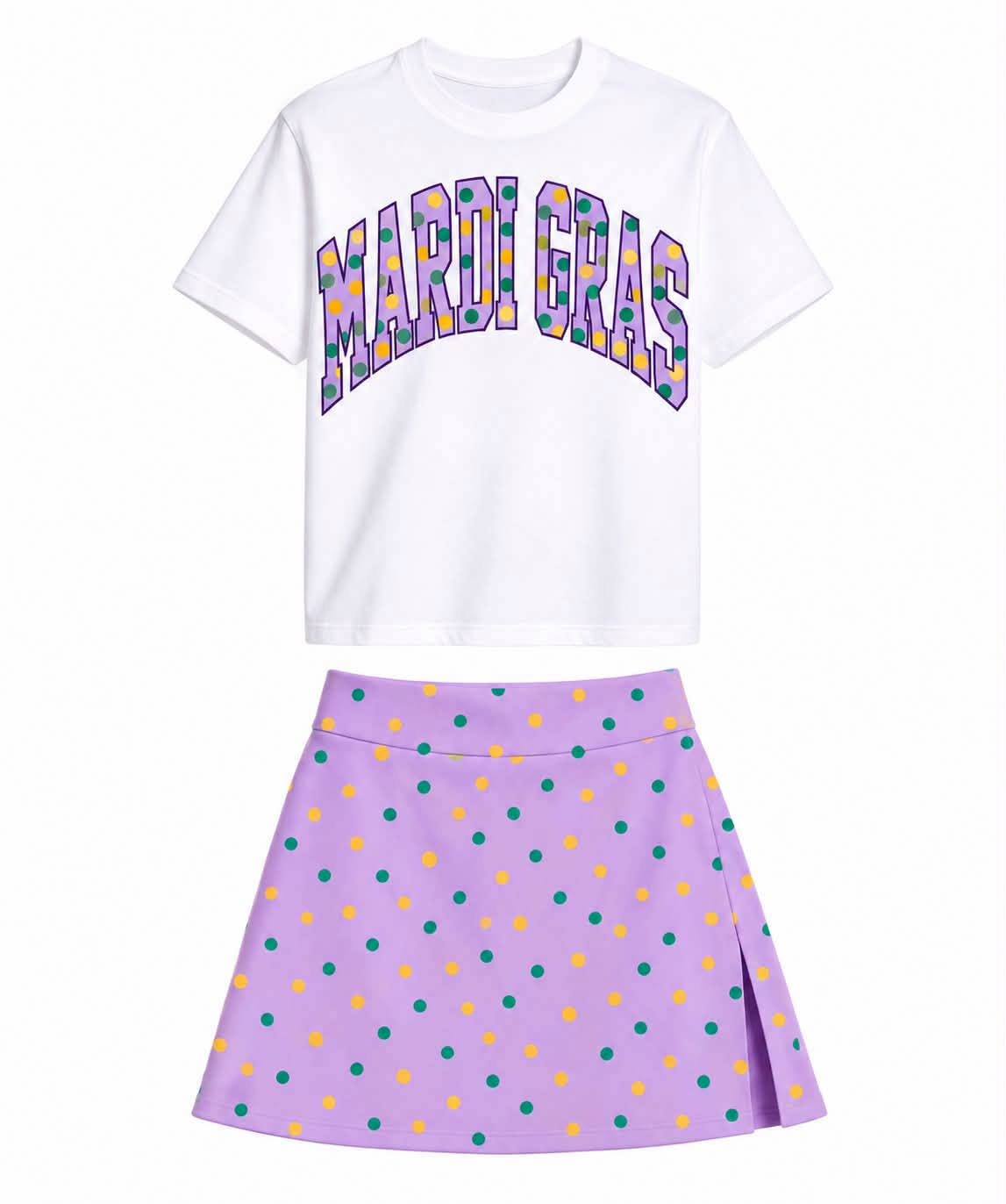 Mardi Gras girl short sleeve milk silk top yoga skirt set preorder