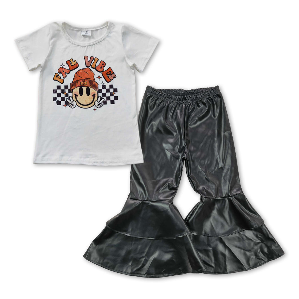 smile face fall t-shirt pu leather pants outfit