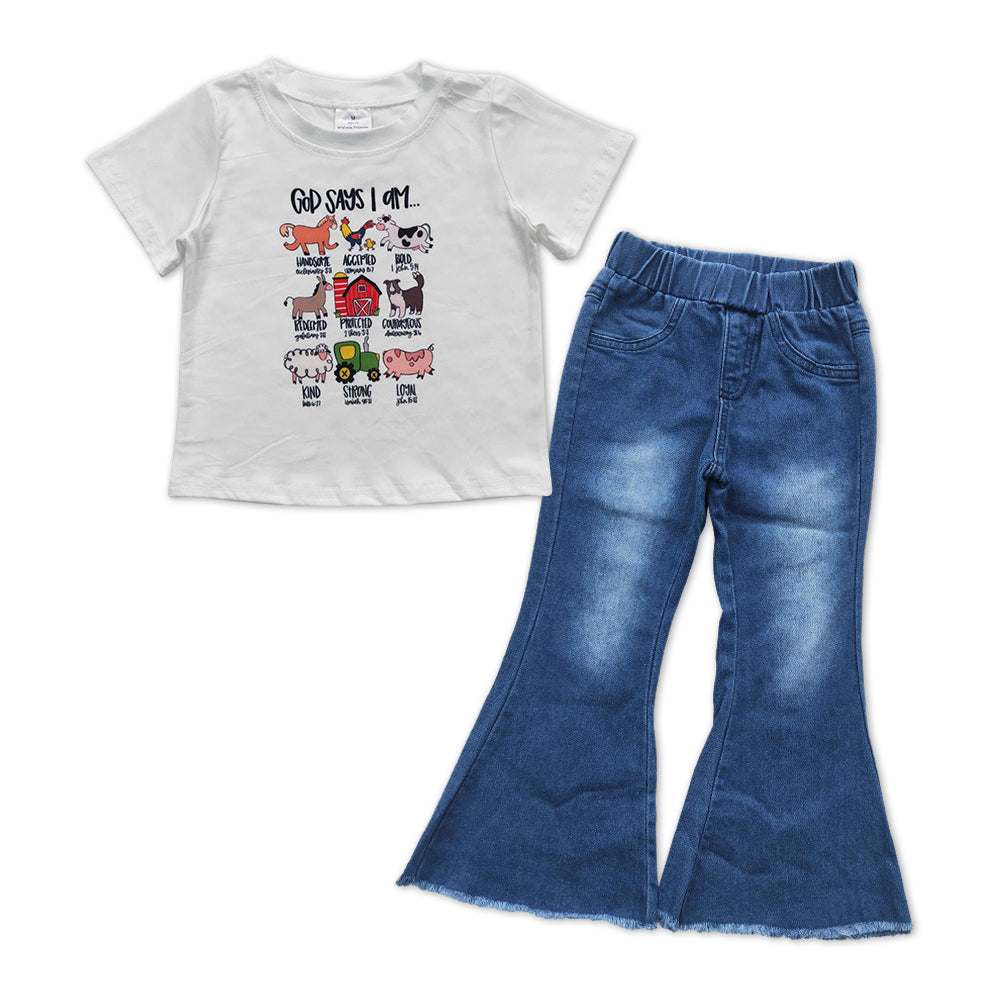 farm animal top blue bleached jeans bell bottoms outfit