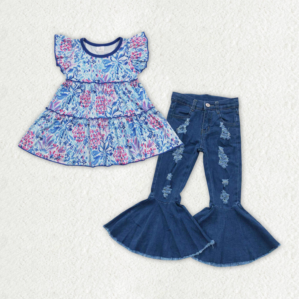 blue floral shirt distressed jeans bell bottoms outfit