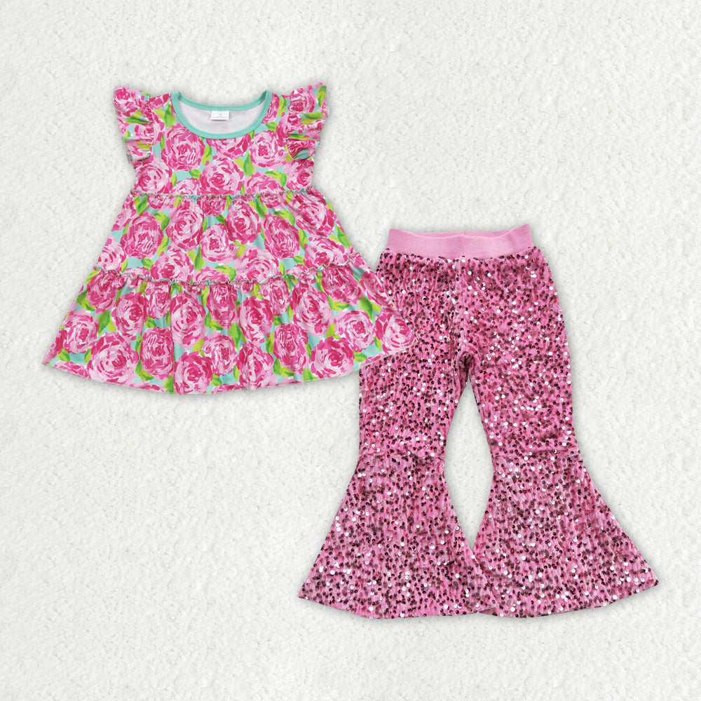 girls pink floral shirt matching sequins bell bottoms outfit