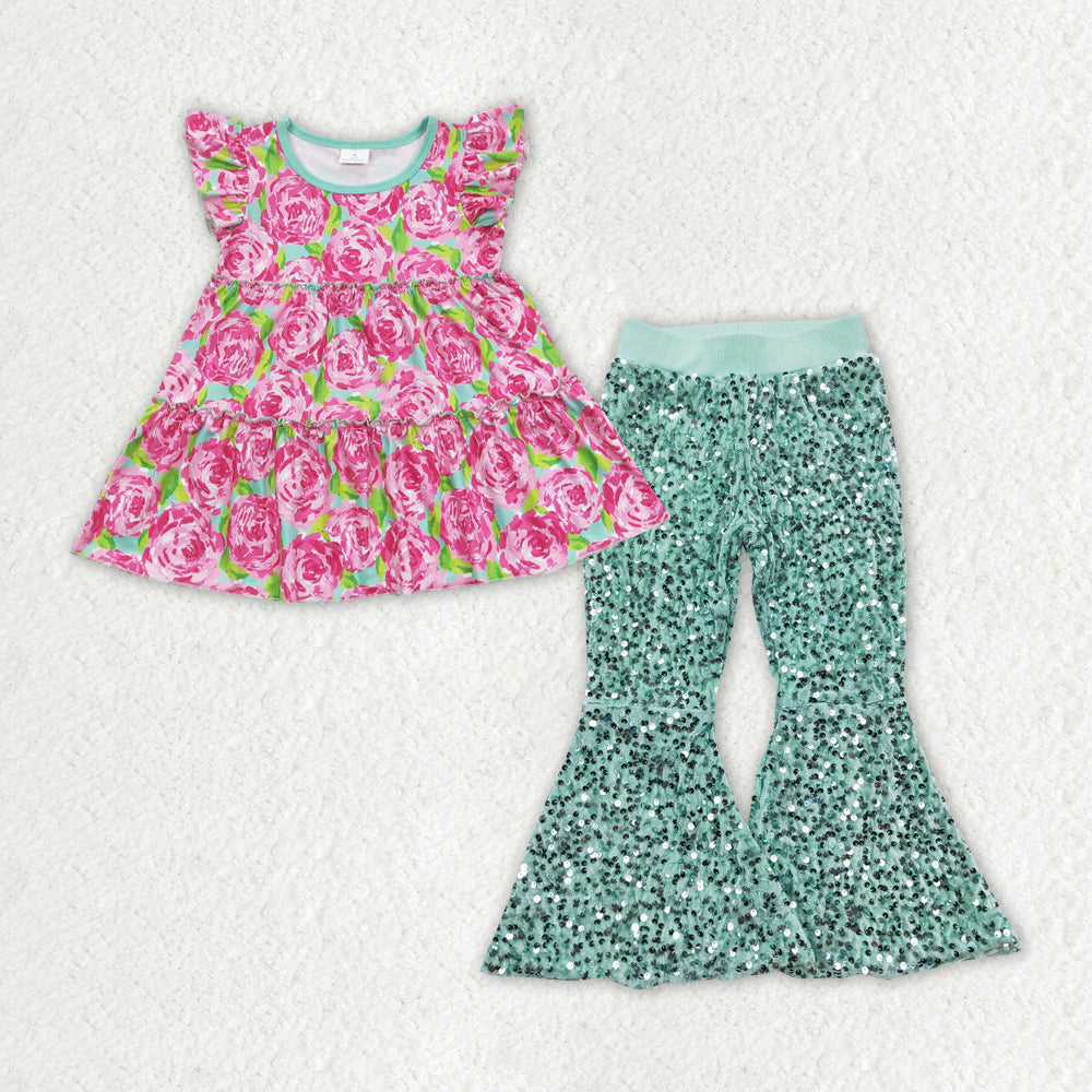 girls pink floral shirt sequins bell bottoms outfit