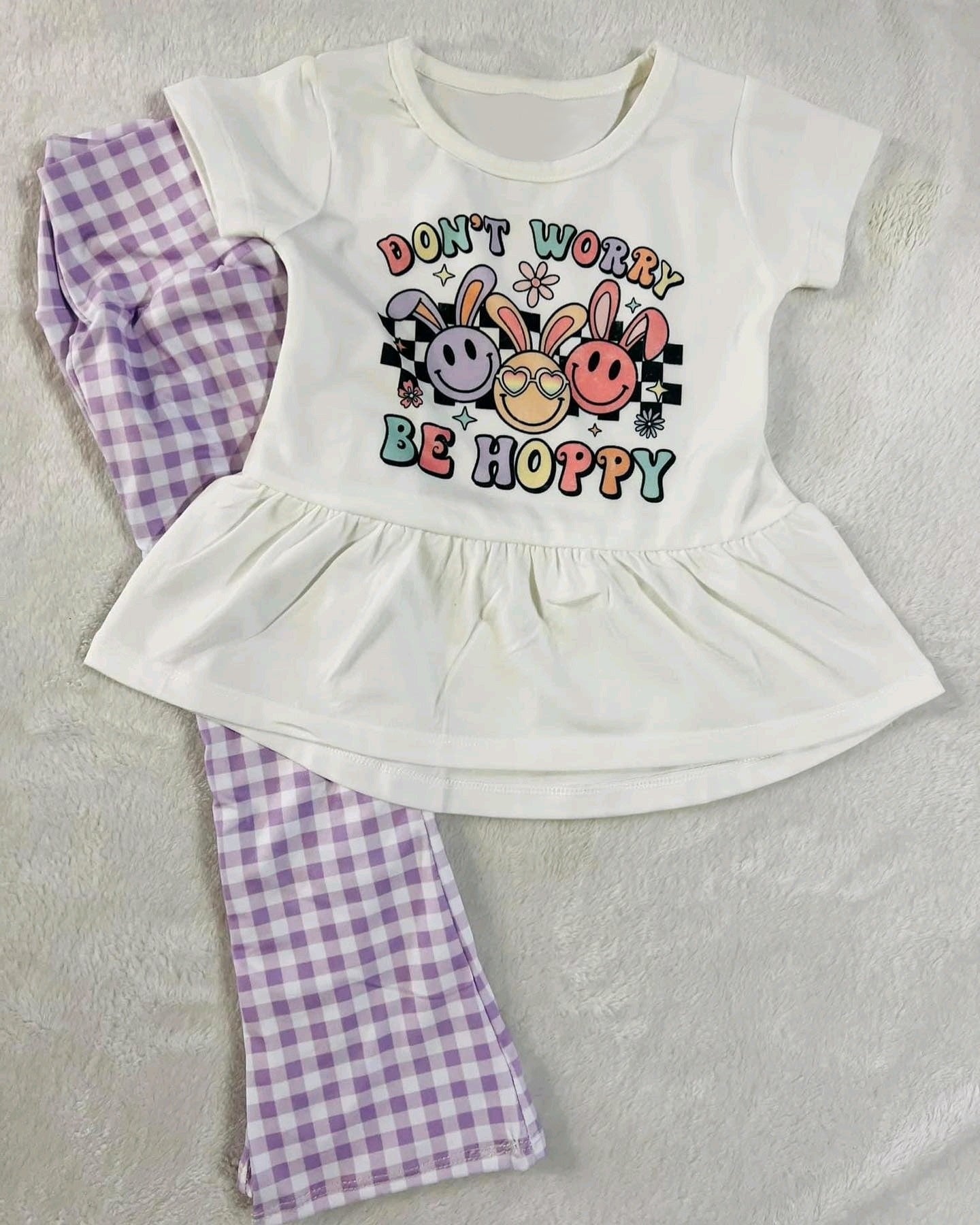 Dont worry be happy baby girl Easter bunny clothes preorder