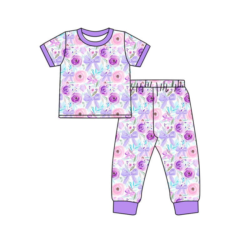 Lavender flower baby girls short sleeve pajama set preorder