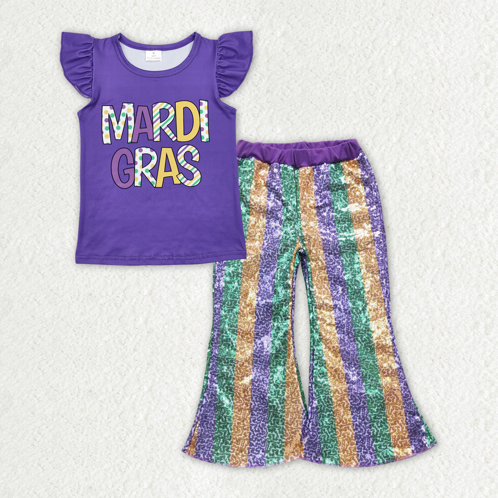 Mardi Gras short sleeve top sequins bell bottoms clothes set preorder